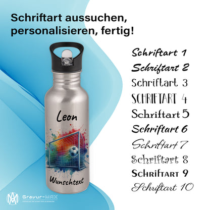 Trinkflasche mit Strohhalm in Silber 600ml bedruckt mit Fußball Motiven"Motiv5" personalisierbar für Kinder mit Wunschname aus Edelstahl