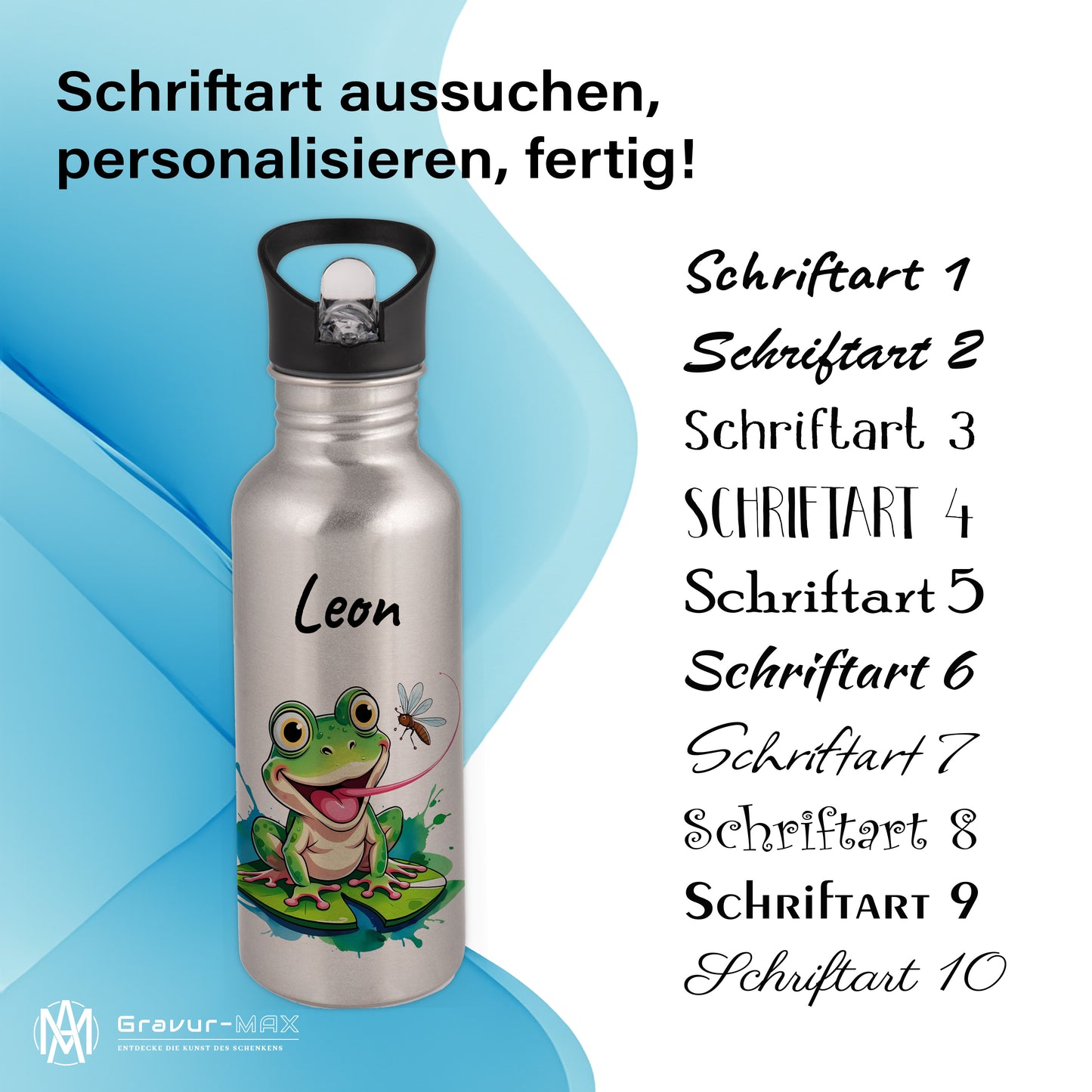 Trinkflasche mit Strohhalm in Silber 600ml bedruckt mit niedlichen Tieren"Frosch" personalisierbar für Kinder mit Wunschname aus Edelstahl