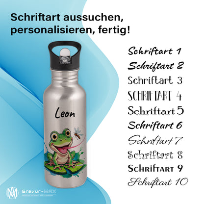 Trinkflasche mit Strohhalm in Silber 600ml bedruckt mit niedlichen Tieren"Frosch" personalisierbar für Kinder mit Wunschname aus Edelstahl