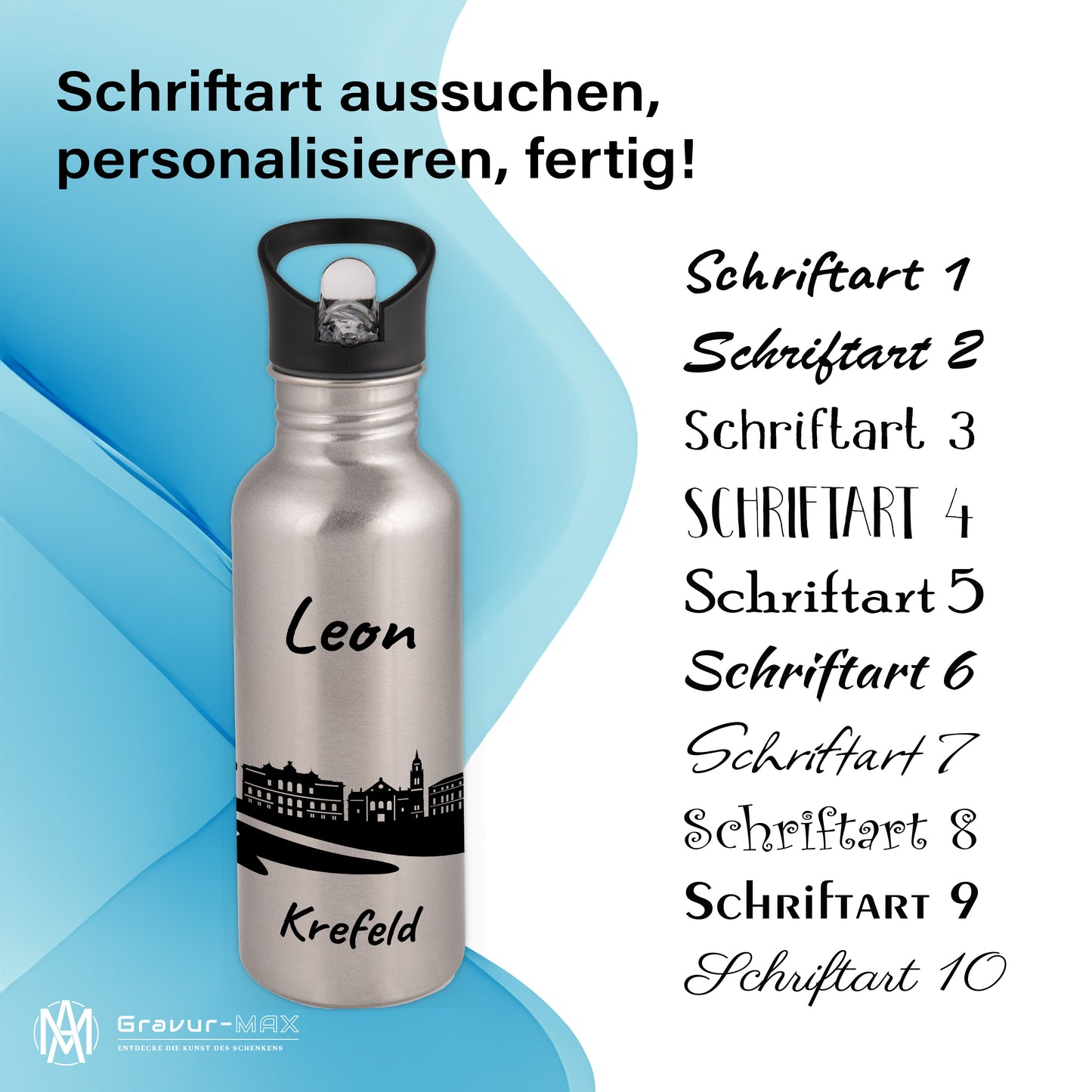 Trinkflasche in Silber 600ml aus Edelstahl bedruckt mit der Skyline von Krefeld personalisierbar mit Wunschname