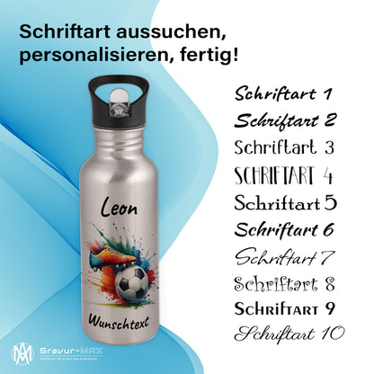 Trinkflasche mit Strohhalm in Silber 600ml bedruckt mit Fußball Motiven"Motiv6" personalisierbar für Kinder mit Wunschname aus Edelstahl