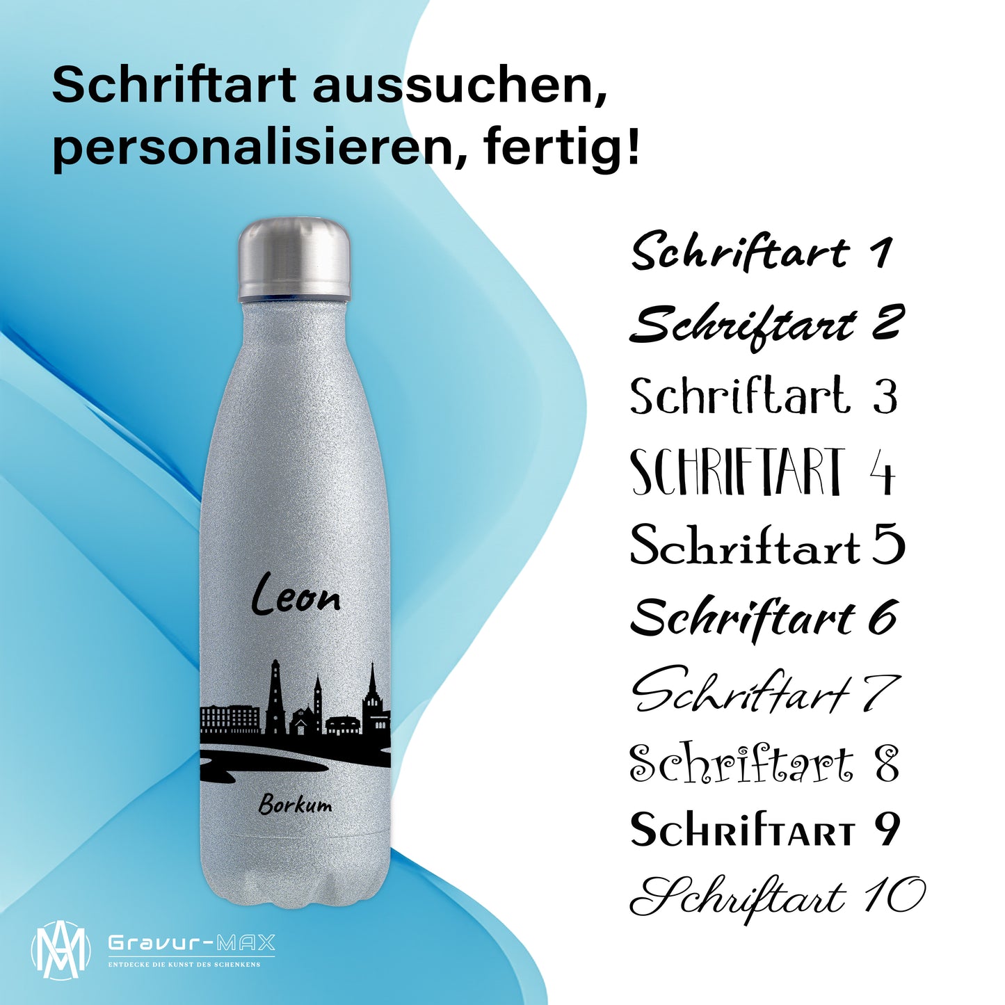 Glitzer Trinkflasche in Silber 500ml aus Edelstahl bedruckt mit der Skyline von Borkum personalisierbar mit Wunschname