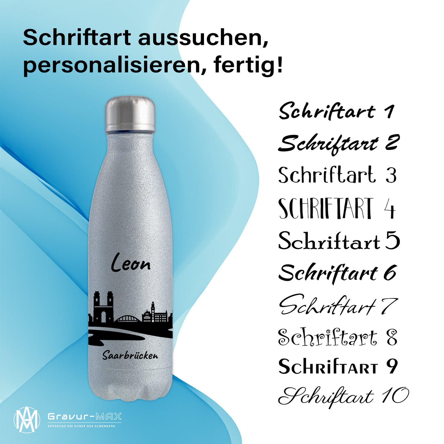 Glitzer Trinkflasche in Silber 500ml aus Edelstahl bedruckt mit der Skyline von Saarbrücken personalisierbar mit Wunschname