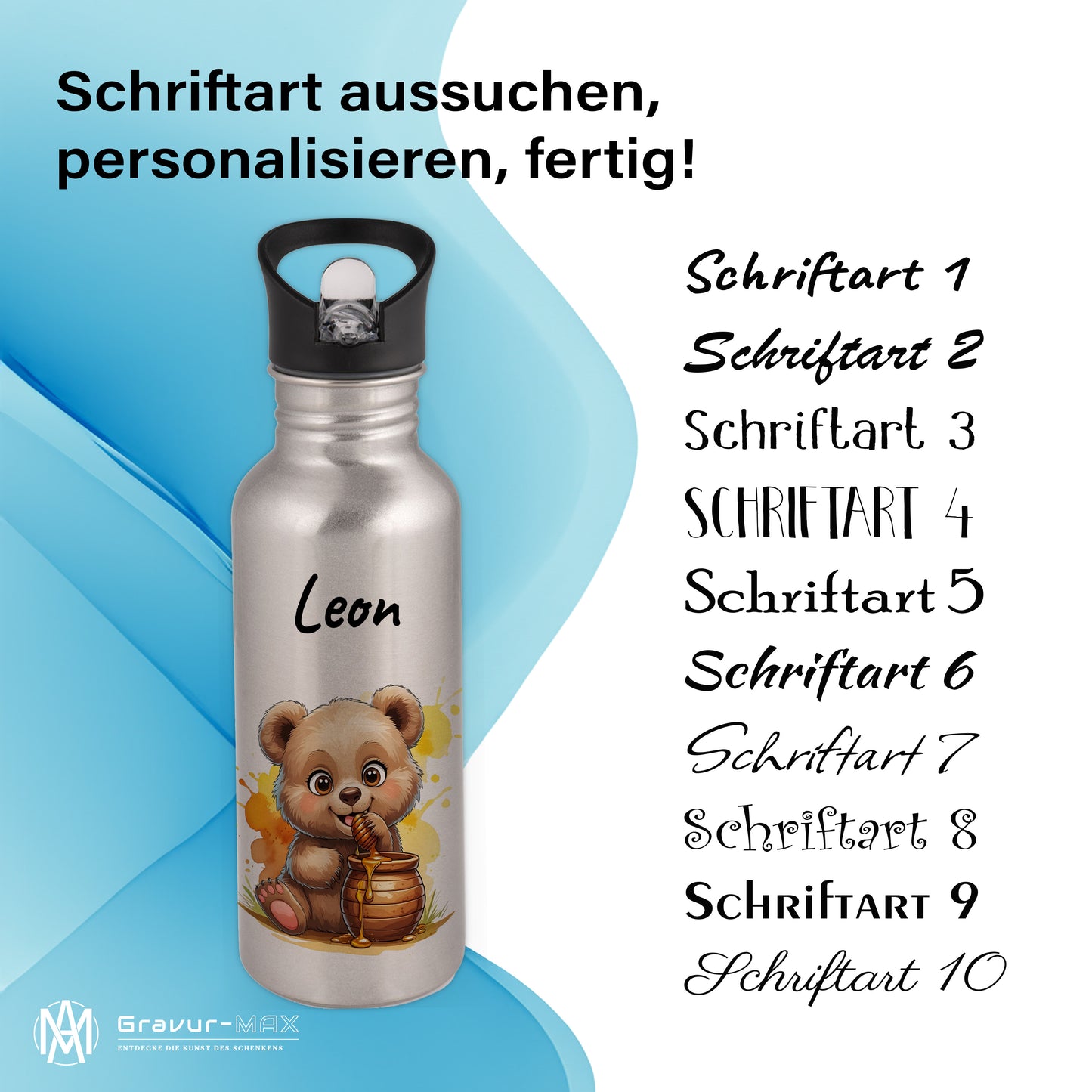 Trinkflasche mit Strohhalm in Silber 600ml bedruckt mit niedlichen Tieren"Bär" personalisierbar für Kinder mit Wunschname aus Edelstahl
