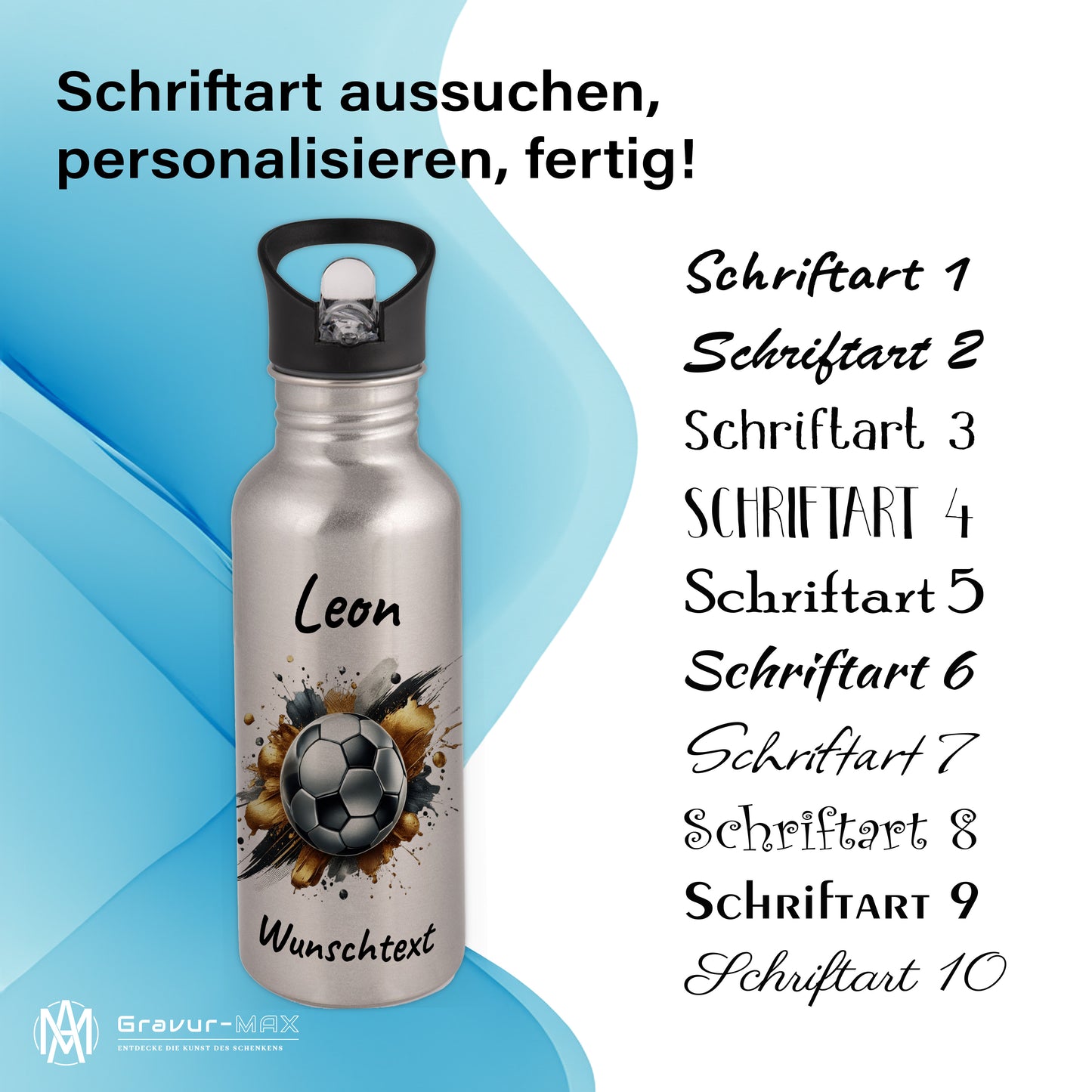 Trinkflasche mit Strohhalm in Silber 600ml bedruckt mit Fußball Motiven"Motiv13" personalisierbar für Kinder mit Wunschname aus Edelstahl