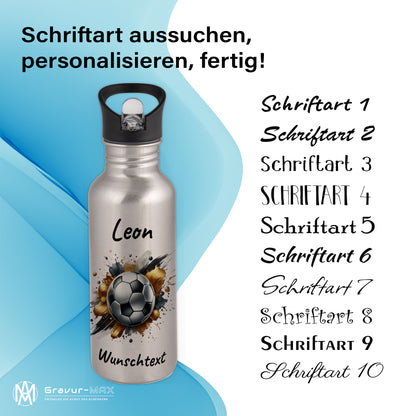 Trinkflasche mit Strohhalm in Silber 600ml bedruckt mit Fußball Motiven"Motiv13" personalisierbar für Kinder mit Wunschname aus Edelstahl