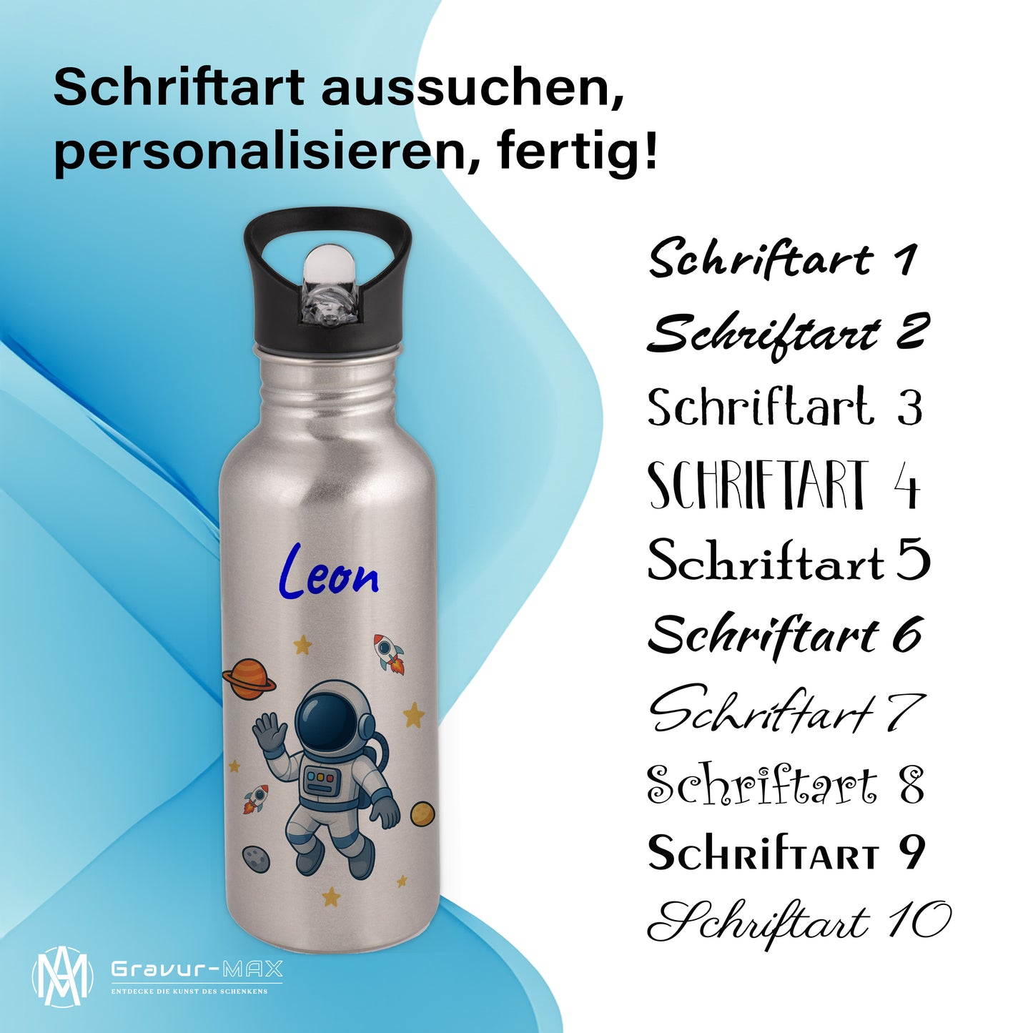 Trinkflasche mit Strohhalm in Silber 600ml bedruckt mit tollen Motiven für Kinder "Astronaut" personalisierbar für Kinder mit Wunschname aus Edelstahl