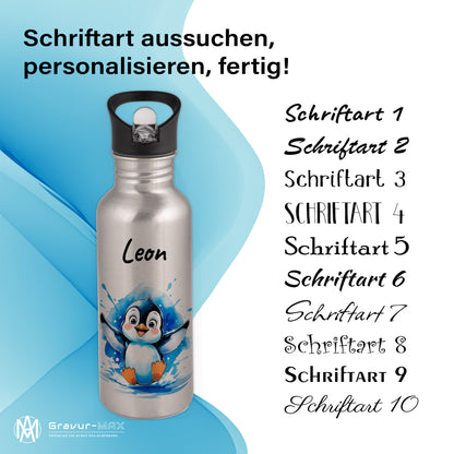Trinkflasche mit Strohhalm in Silber 600ml bedruckt mit niedlichen Tieren"Pinguin" personalisierbar für Kinder mit Wunschname aus Edelstahl