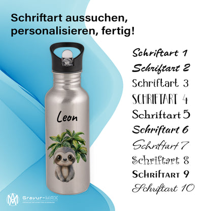 Trinkflasche mit Strohhalm in Silber 600ml bedruckt mit Dschungel Tieren"Faultier" personalisierbar für Kinder mit Wunschname aus Edelstahl