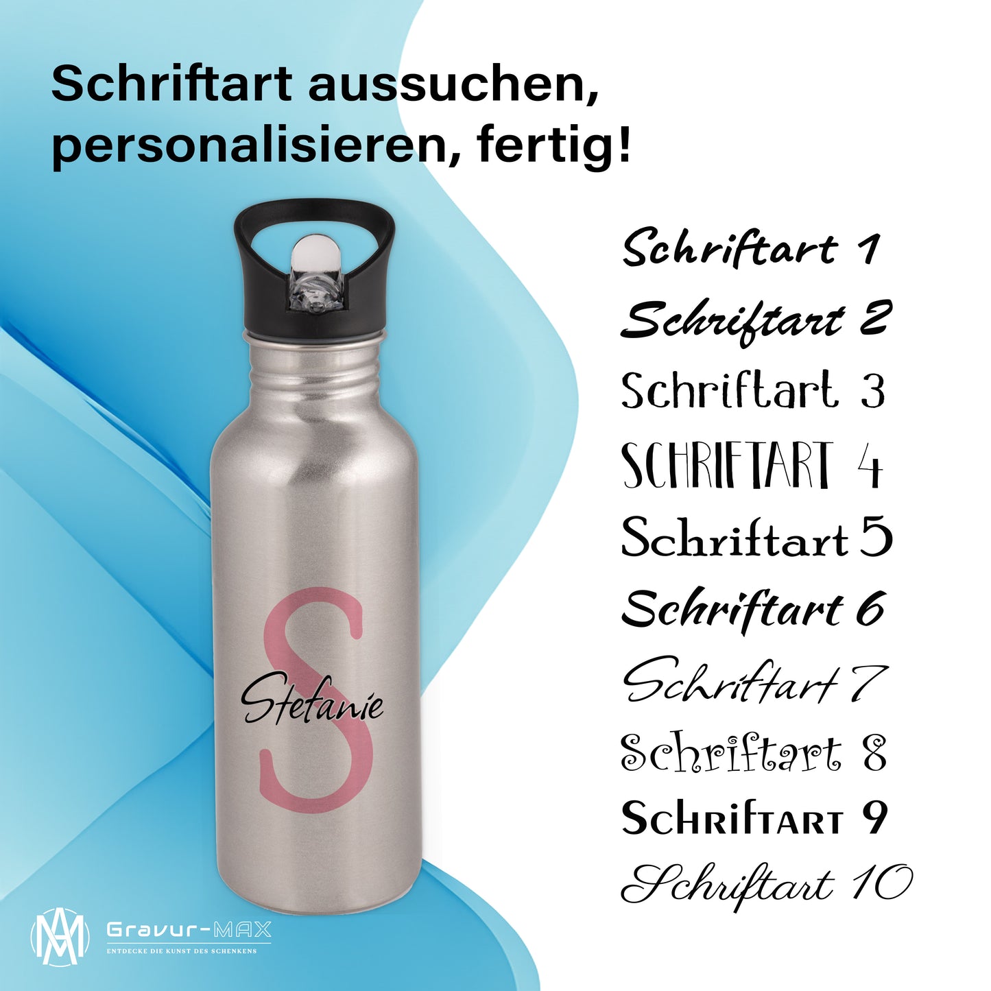 Trinkflasche in Silber 600ml aus Edelstahl bedruckt als "Namensflasche" personalisierbar für Kinder und Erwachsene mit Wunschname