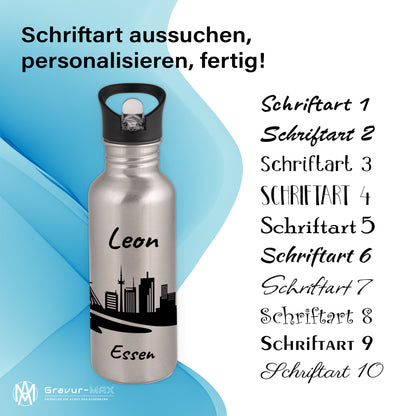 Trinkflasche in Silber 600ml aus Edelstahl bedruckt mit der Skyline von Essen personalisierbar mit Wunschname