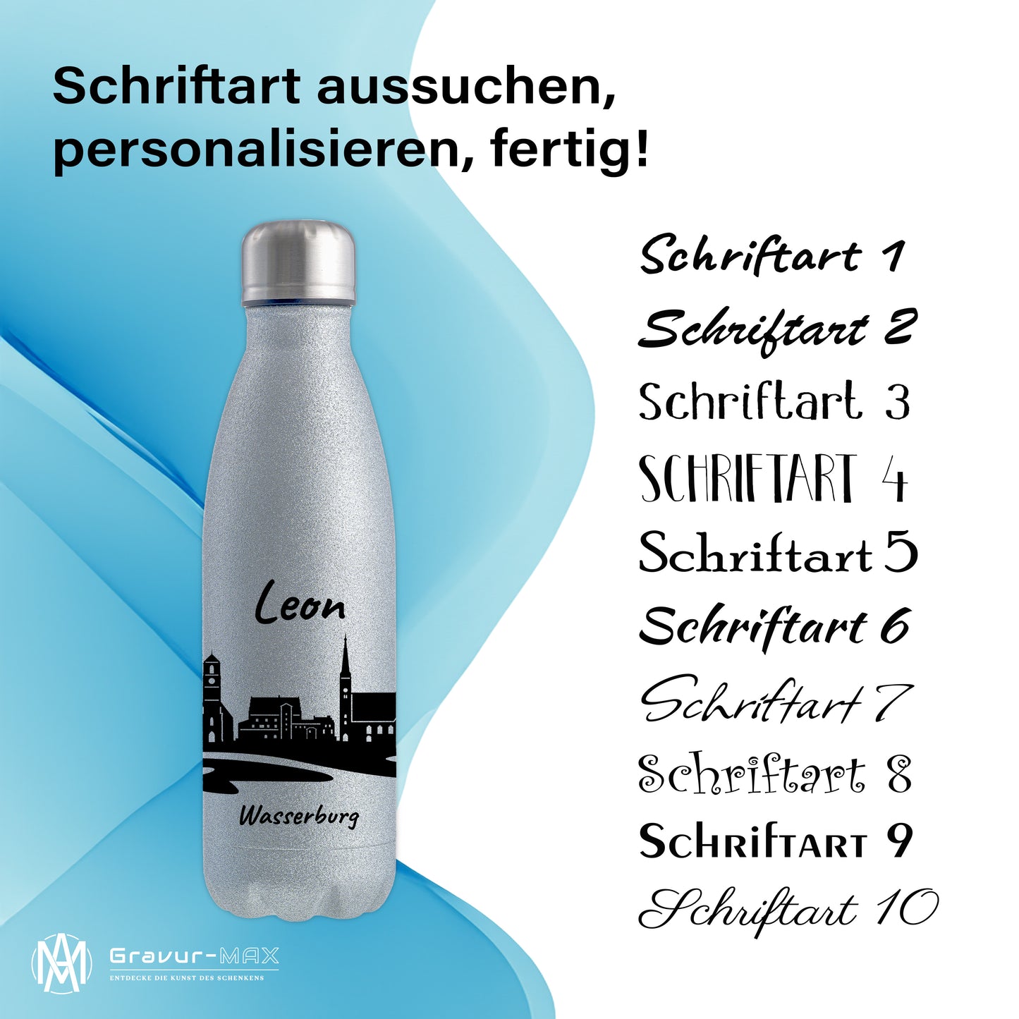 Glitzer Trinkflasche in Silber 500ml aus Edelstahl bedruckt mit der Skyline von Wasserburg personalisierbar mit Wunschname