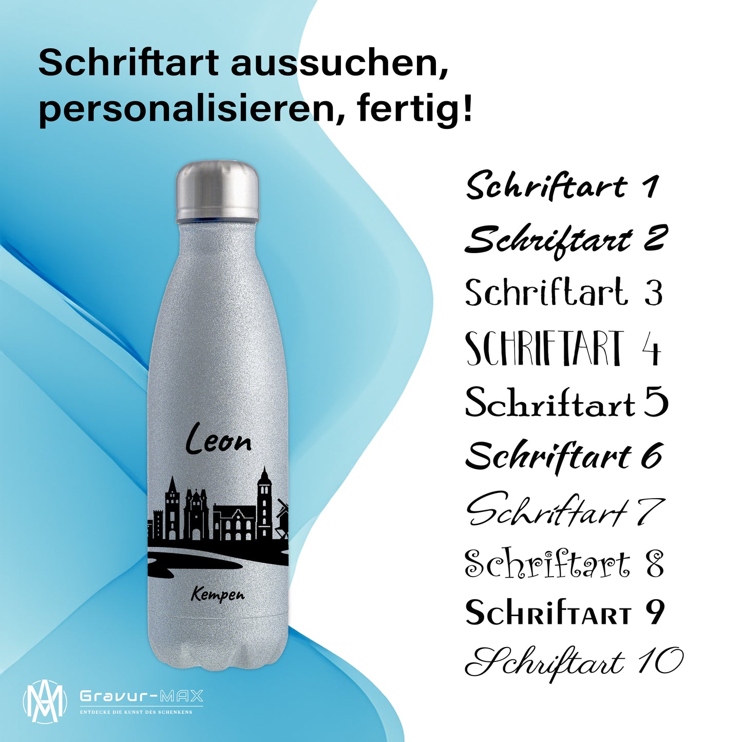 Glitzer Trinkflasche in Silber 500ml aus Edelstahl bedruckt mit der Skyline von Kempen personalisierbar mit Wunschname