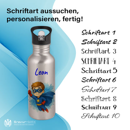 Trinkflasche mit Strohhalm in Silber 600ml bedruckt mit tollen Motiven für Kinder "Superheld" personalisierbar für Kinder mit Wunschname aus Edelstahl
