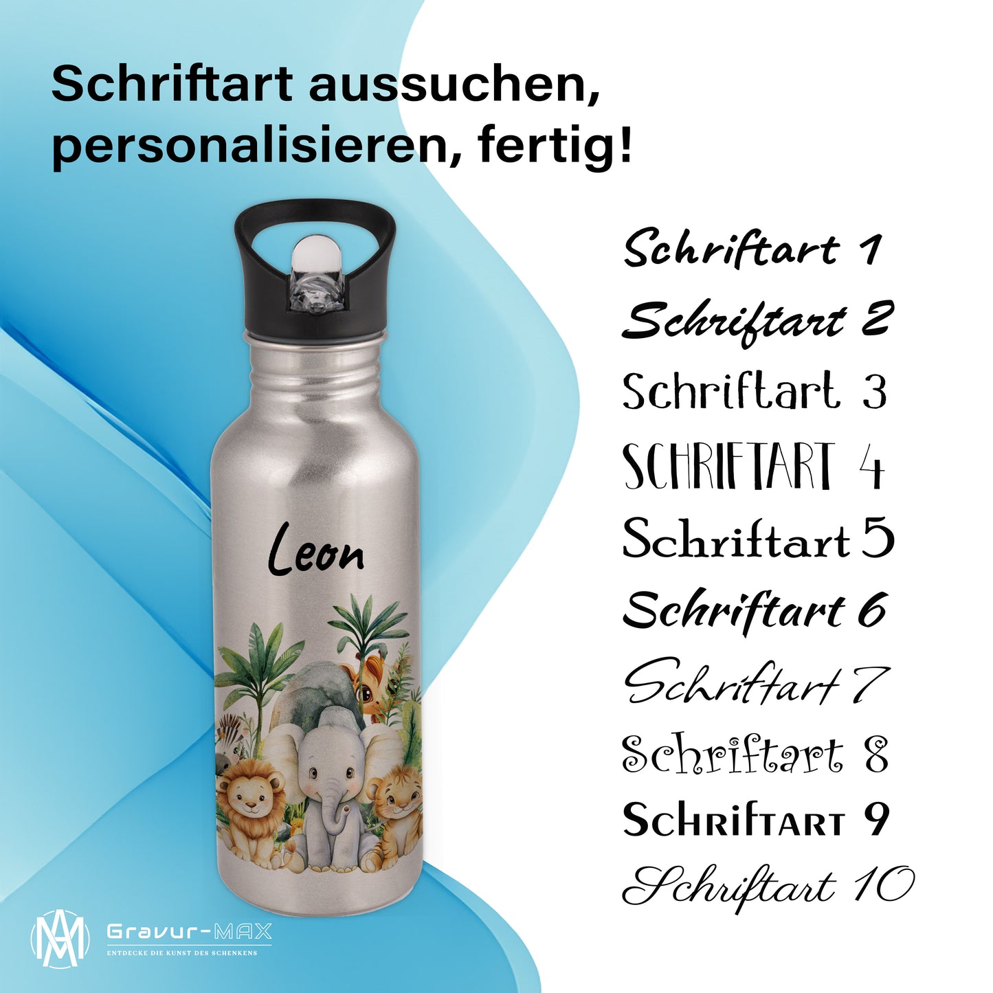 Trinkflasche mit Strohhalm in Silber 600ml bedruckt mit Dschungel Tieren"Dschungel Tiere" personalisierbar für Kinder mit Wunschname aus Edelstahl