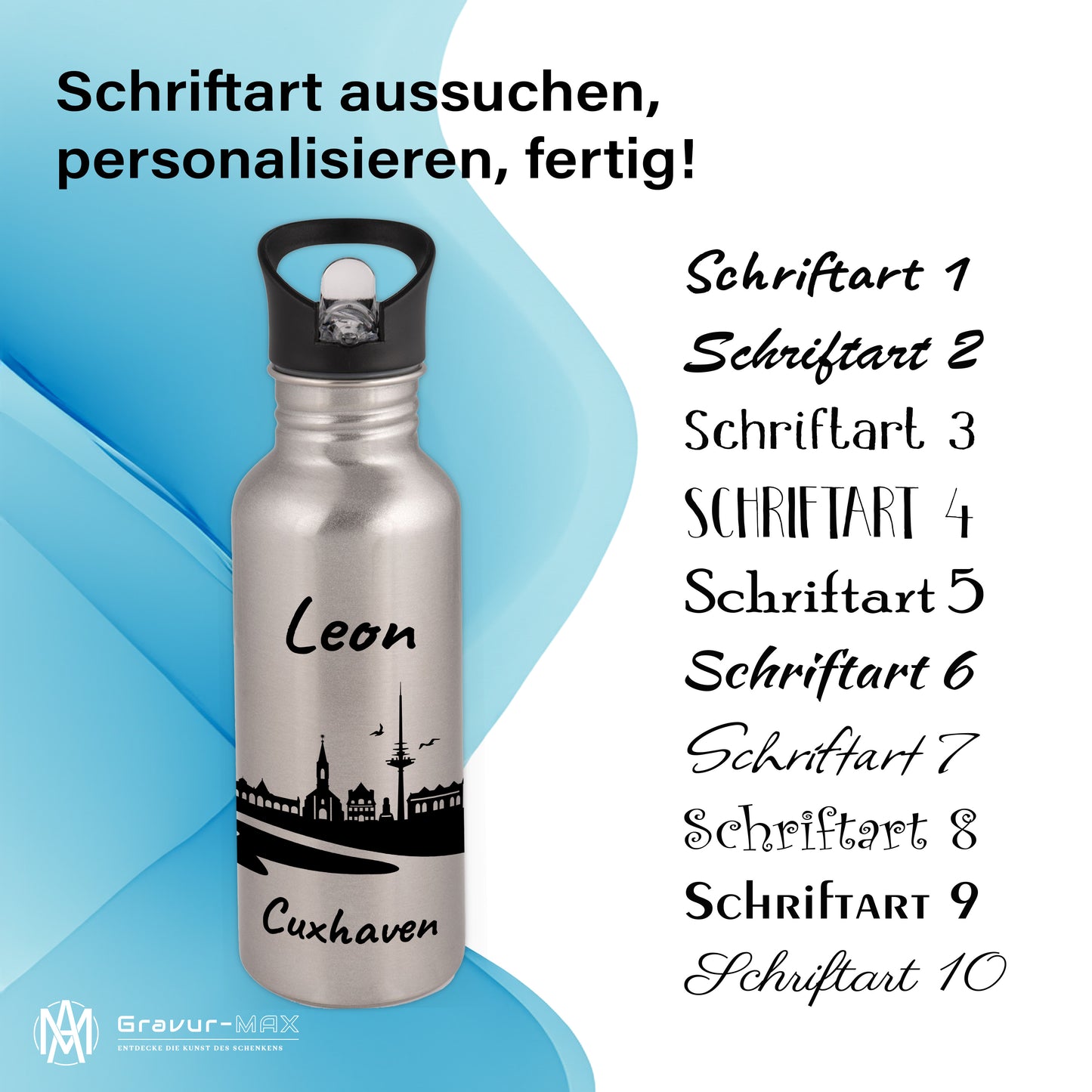 Trinkflasche in Silber 600ml aus Edelstahl bedruckt mit der Skyline von Cuxhaven personalisierbar mit Wunschname