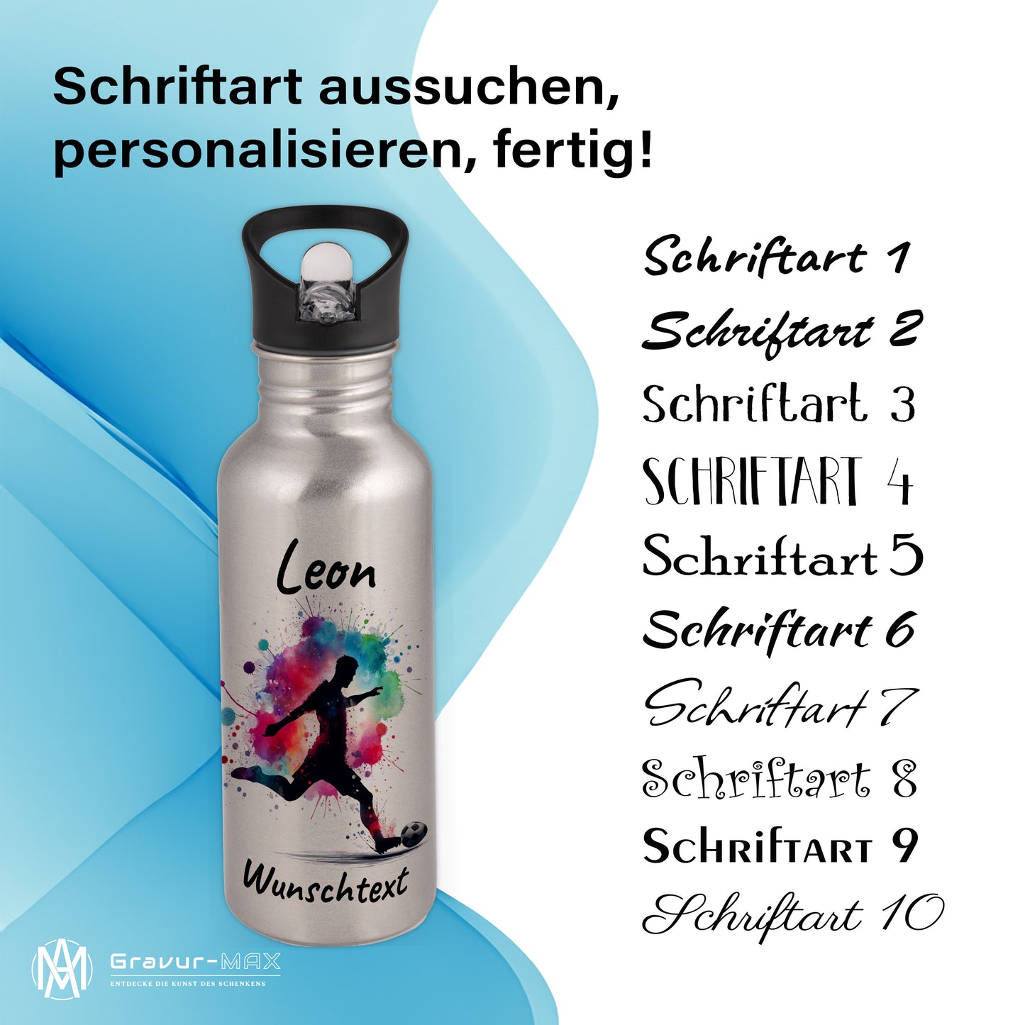 Trinkflasche mit Strohhalm in Silber 600ml bedruckt mit Fußball Motiven"Motiv4" personalisierbar für Kinder mit Wunschname aus Edelstahl