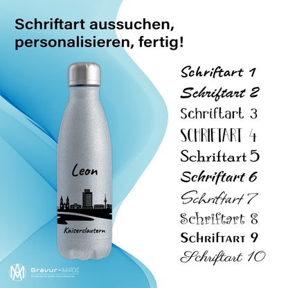 Glitzer Trinkflasche in Silber 500ml aus Edelstahl bedruckt mit der Skyline von Kaiserslautern personalisierbar mit Wunschname