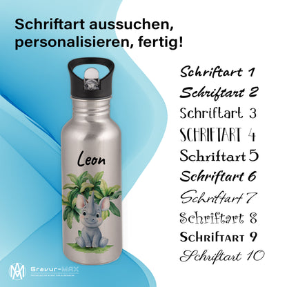 Trinkflasche mit Strohhalm in Silber 600ml bedruckt mit Dschungel Tieren"Nashorn" personalisierbar für Kinder mit Wunschname aus Edelstahl