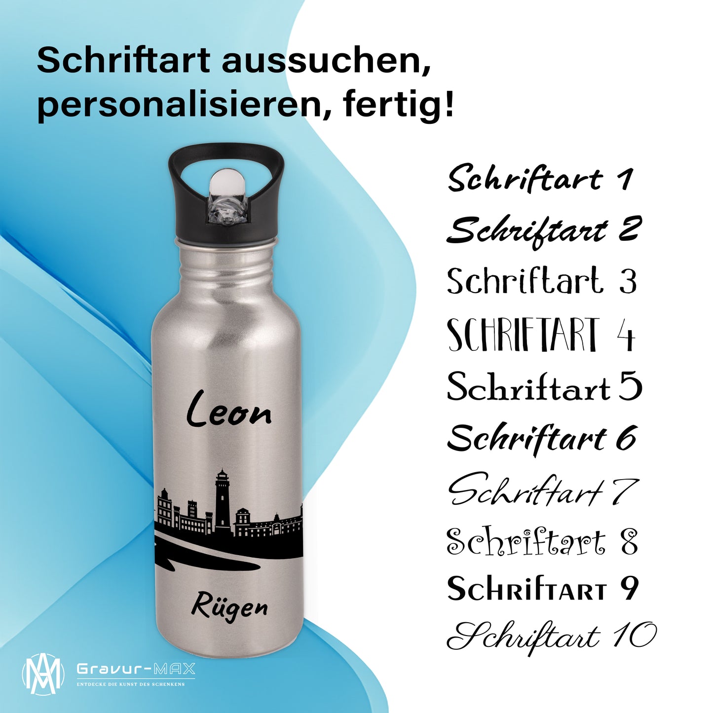 Trinkflasche in Silber 600ml aus Edelstahl bedruckt mit der Skyline von Rügen personalisierbar mit Wunschname