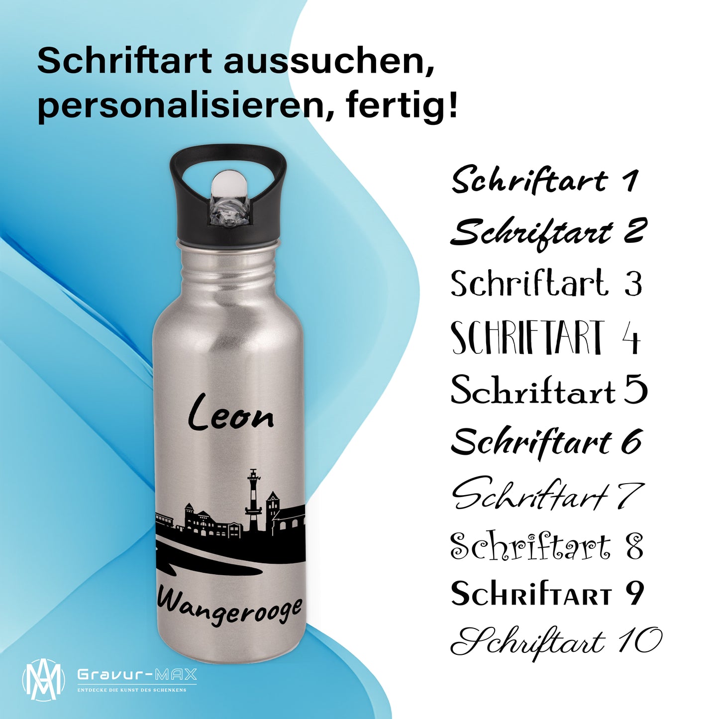 Trinkflasche in Silber 600ml aus Edelstahl bedruckt mit der Skyline von Wangerooge personalisierbar mit Wunschname