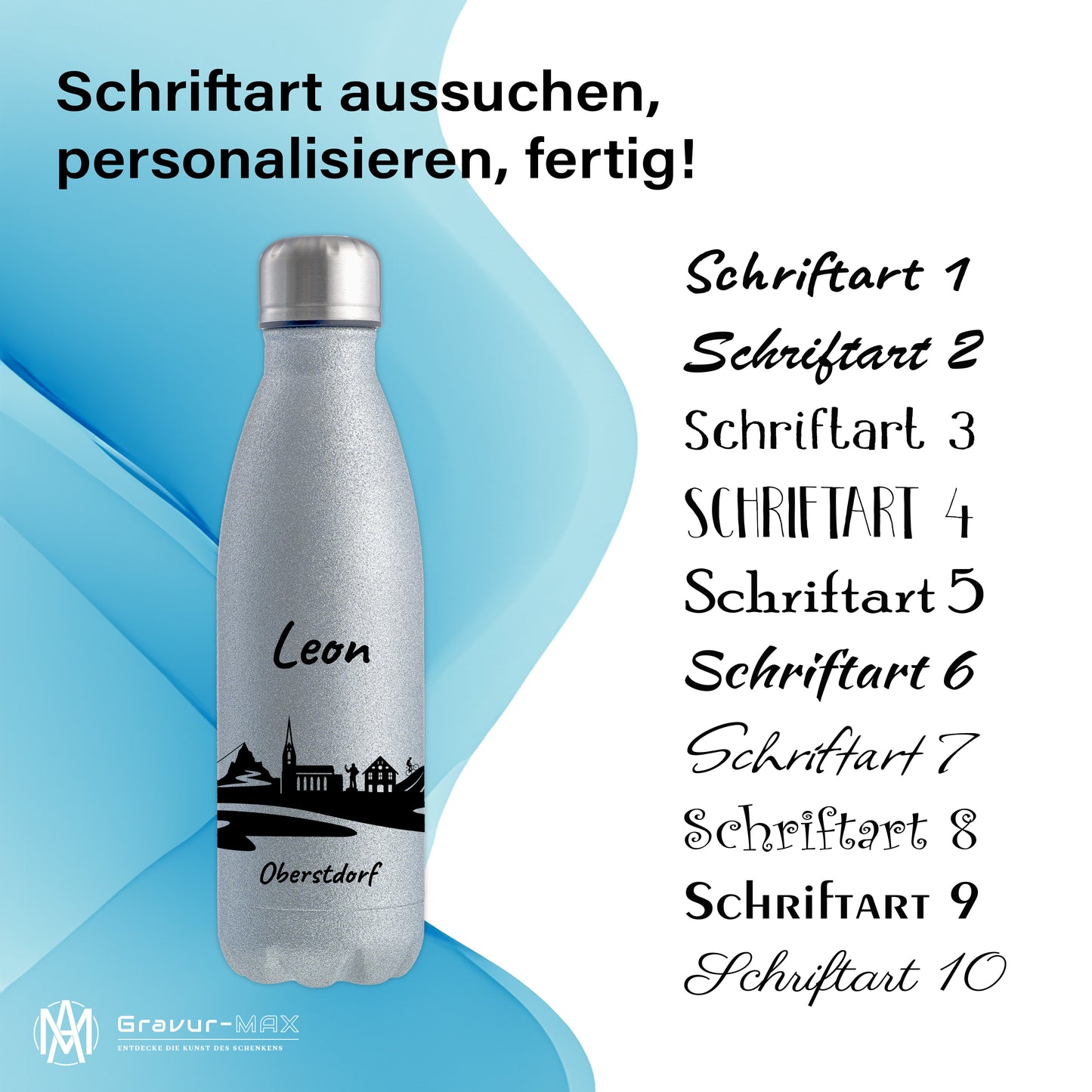 Glitzer Trinkflasche in Silber 500ml aus Edelstahl bedruckt mit der Skyline von Oberstdorf personalisierbar mit Wunschname