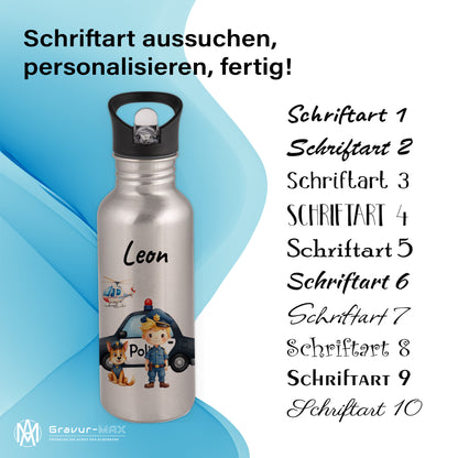 Trinkflasche mit Strohhalm in Silber 600ml bedruckt mit tollen Motiven für Kinder "Polizei" personalisierbar für Kinder mit Wunschname aus Edelstahl