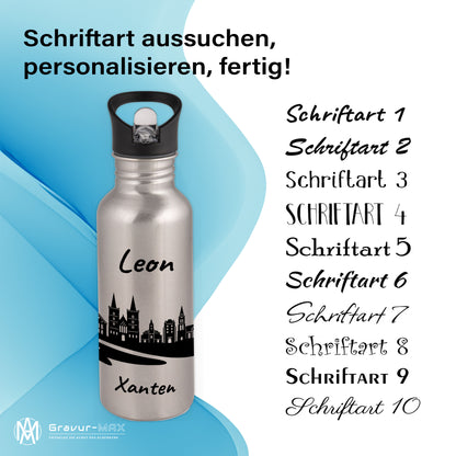 Trinkflasche in Silber 600ml aus Edelstahl bedruckt mit der Skyline von Xanten personalisierbar mit Wunschname