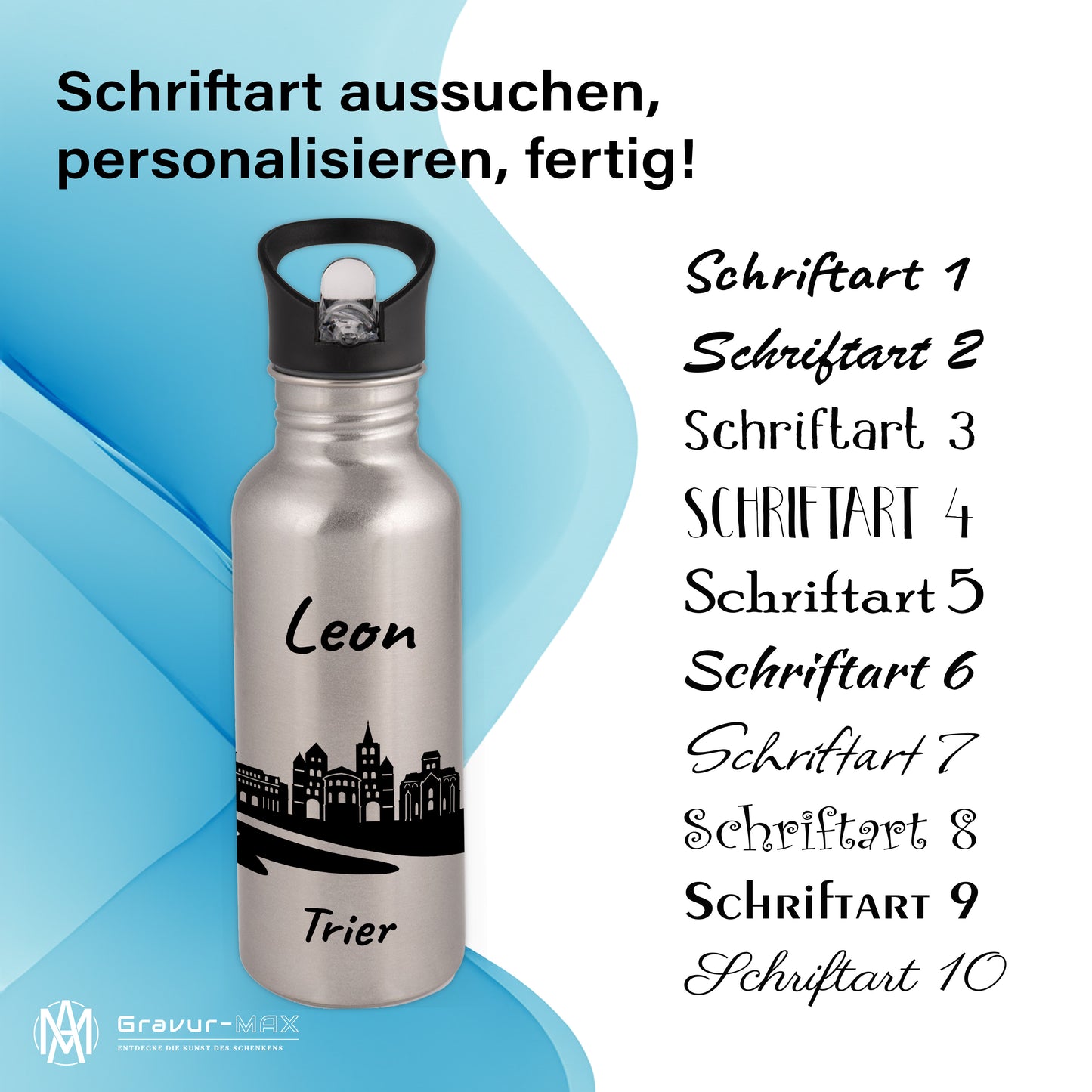 Trinkflasche in Silber 600ml aus Edelstahl bedruckt mit der Skyline von Trier personalisierbar mit Wunschname
