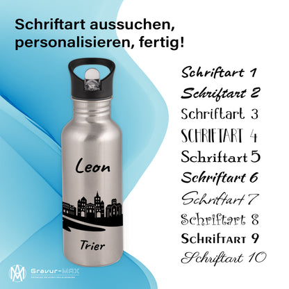 Trinkflasche in Silber 600ml aus Edelstahl bedruckt mit der Skyline von Trier personalisierbar mit Wunschname