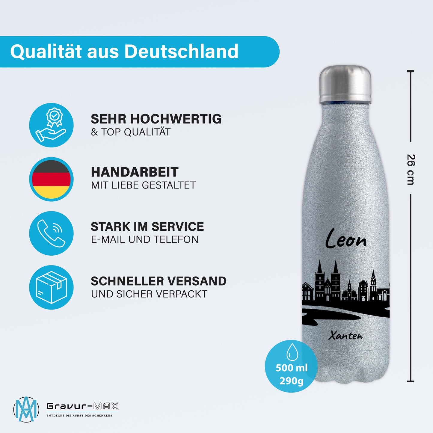 Glitzer Trinkflasche in Silber 500ml aus Edelstahl bedruckt mit der Skyline von Xanten personalisierbar mit Wunschname