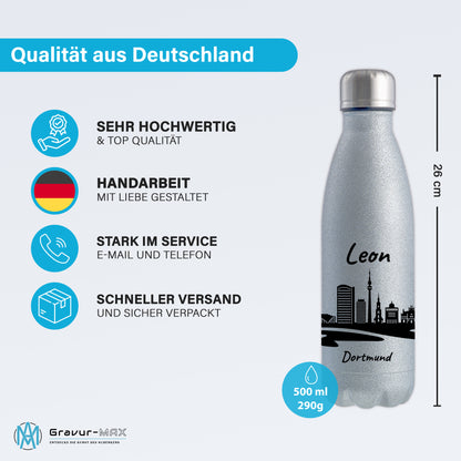 Glitzer Trinkflasche in Silber 500ml aus Edelstahl bedruckt mit der Skyline von Dortmund personalisierbar mit Wunschname