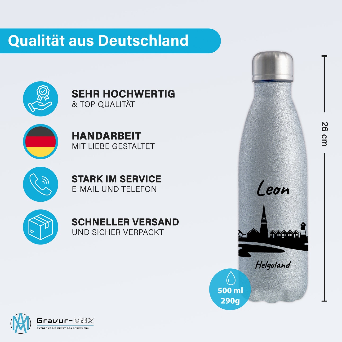Glitzer Trinkflasche in Silber 500ml aus Edelstahl bedruckt mit der Skyline von Helgoland personalisierbar mit Wunschname