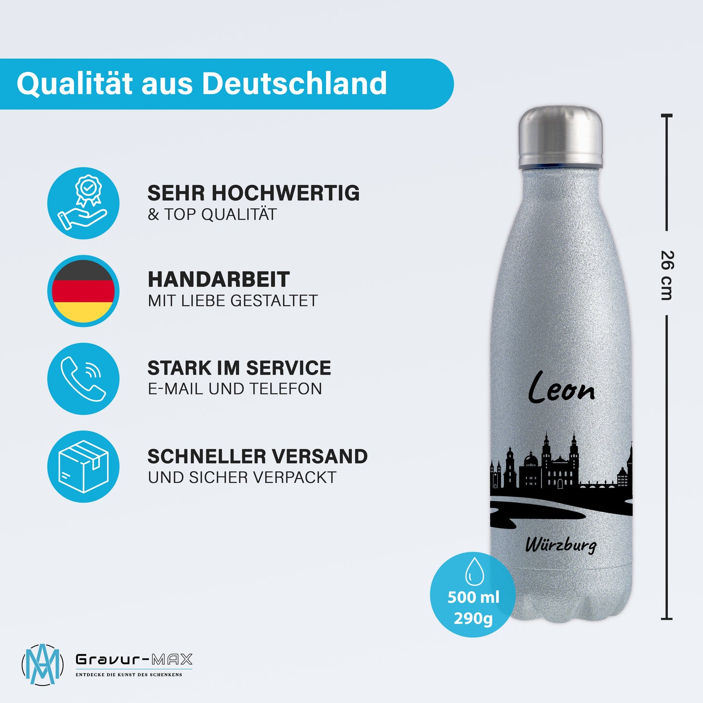 Glitzer Trinkflasche in Silber 500ml aus Edelstahl bedruckt mit der Skyline von Würzburg personalisierbar mit Wunschname