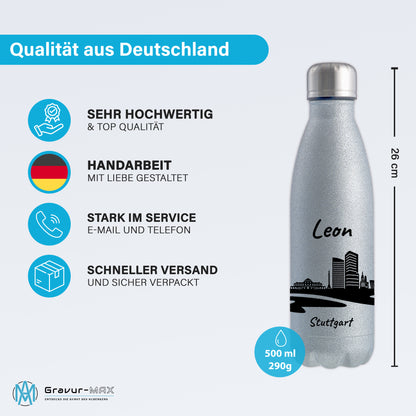Glitzer Trinkflasche in Silber 500ml aus Edelstahl bedruckt mit der Skyline von Stuttgart personalisierbar mit Wunschname