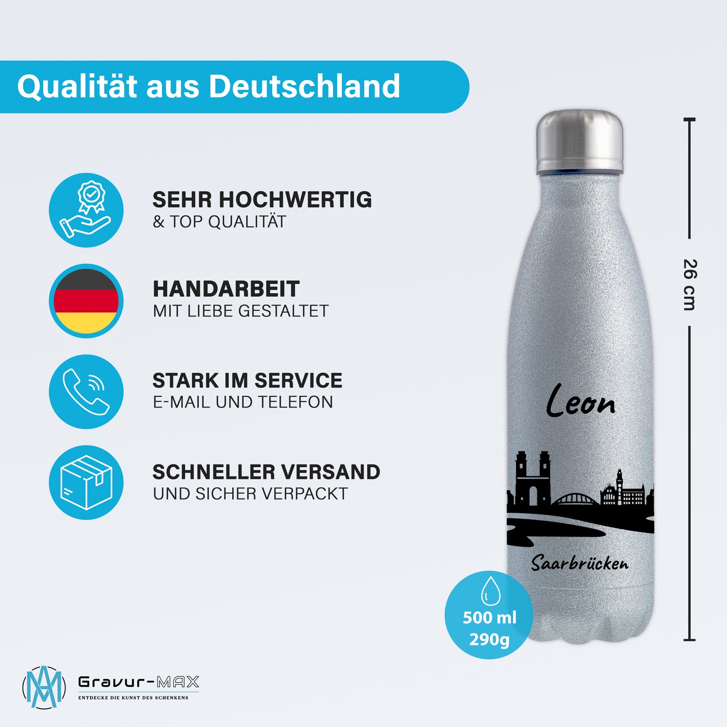 Glitzer Trinkflasche in Silber 500ml aus Edelstahl bedruckt mit der Skyline von Saarbrücken personalisierbar mit Wunschname