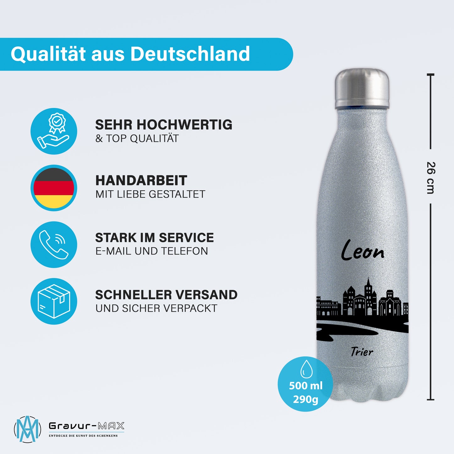 Glitzer Trinkflasche in Silber 500ml aus Edelstahl bedruckt mit der Skyline von Trier personalisierbar mit Wunschname