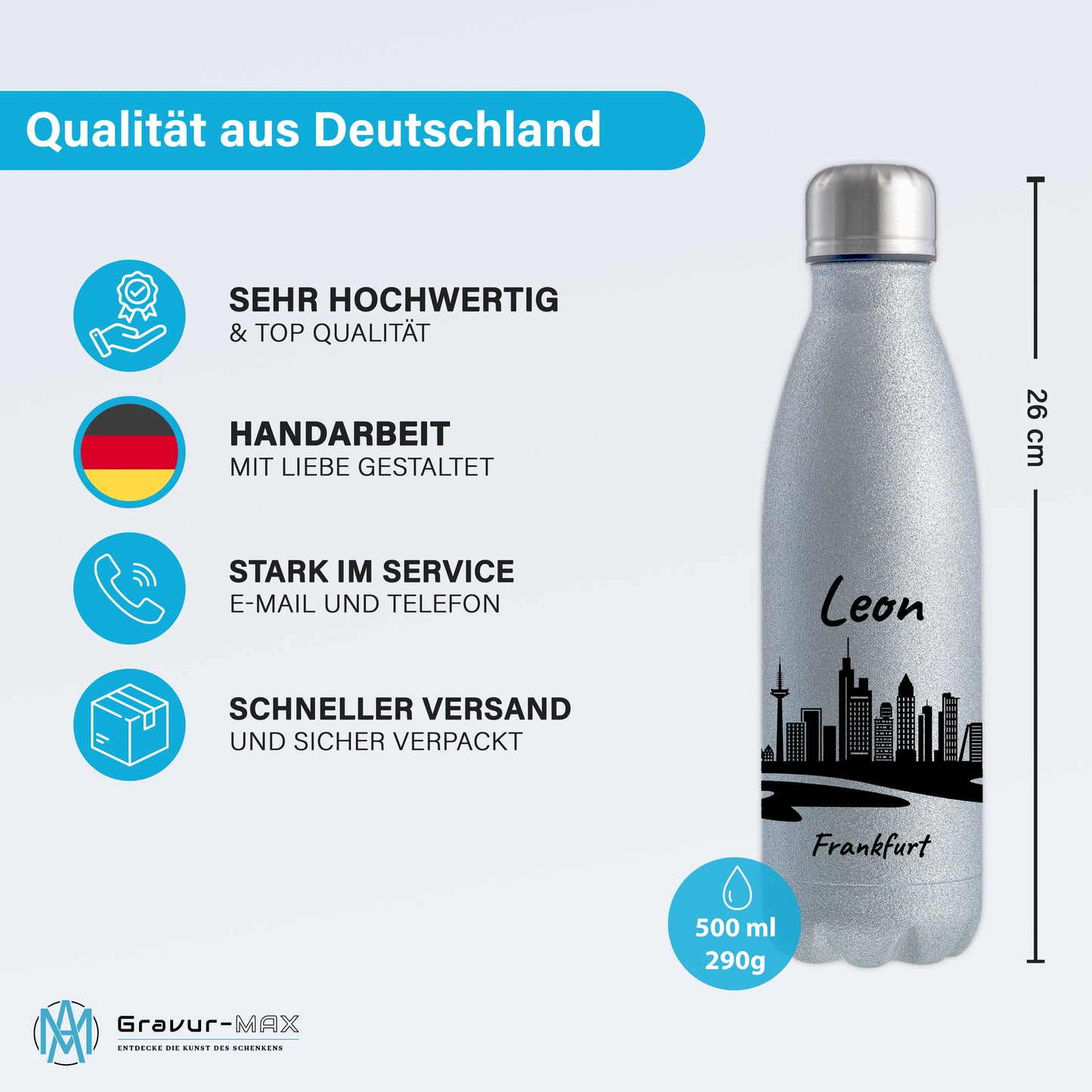 Glitzer Trinkflasche in Silber 500ml aus Edelstahl bedruckt mit der Skyline von Frankfurt personalisierbar mit Wunschname