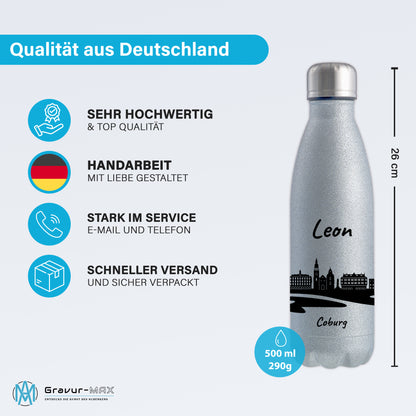 Glitzer Trinkflasche in Silber 500ml aus Edelstahl bedruckt mit der Skyline von Coburg personalisierbar mit Wunschname