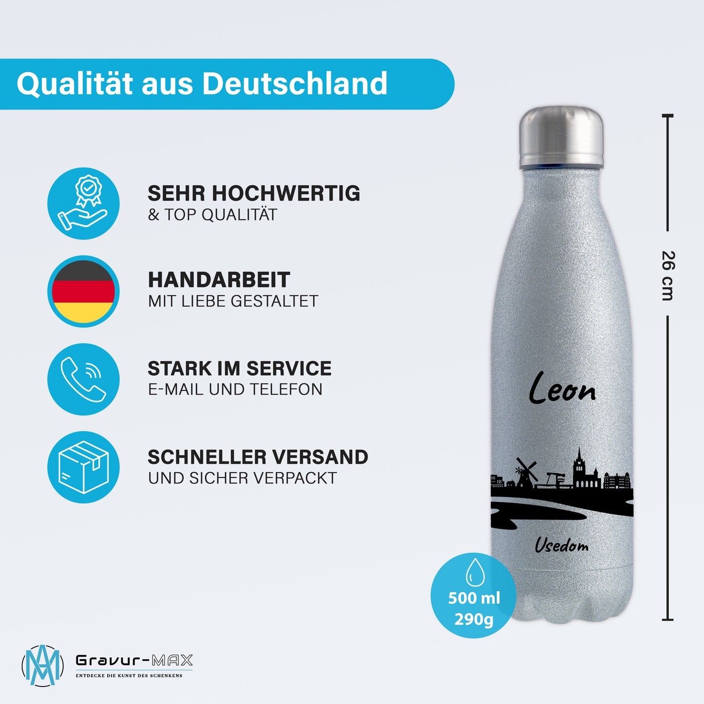 Glitzer Trinkflasche in Silber 500ml aus Edelstahl bedruckt mit der Skyline von Usedom personalisierbar mit Wunschname