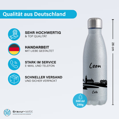 Glitzer Trinkflasche in Silber 500ml aus Edelstahl bedruckt mit der Skyline von Celle personalisierbar mit Wunschname