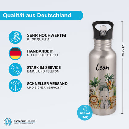 Trinkflasche mit Strohhalm in Silber 600ml bedruckt mit Dschungel Tieren"Dschungel Tiere" personalisierbar für Kinder mit Wunschname aus Edelstahl