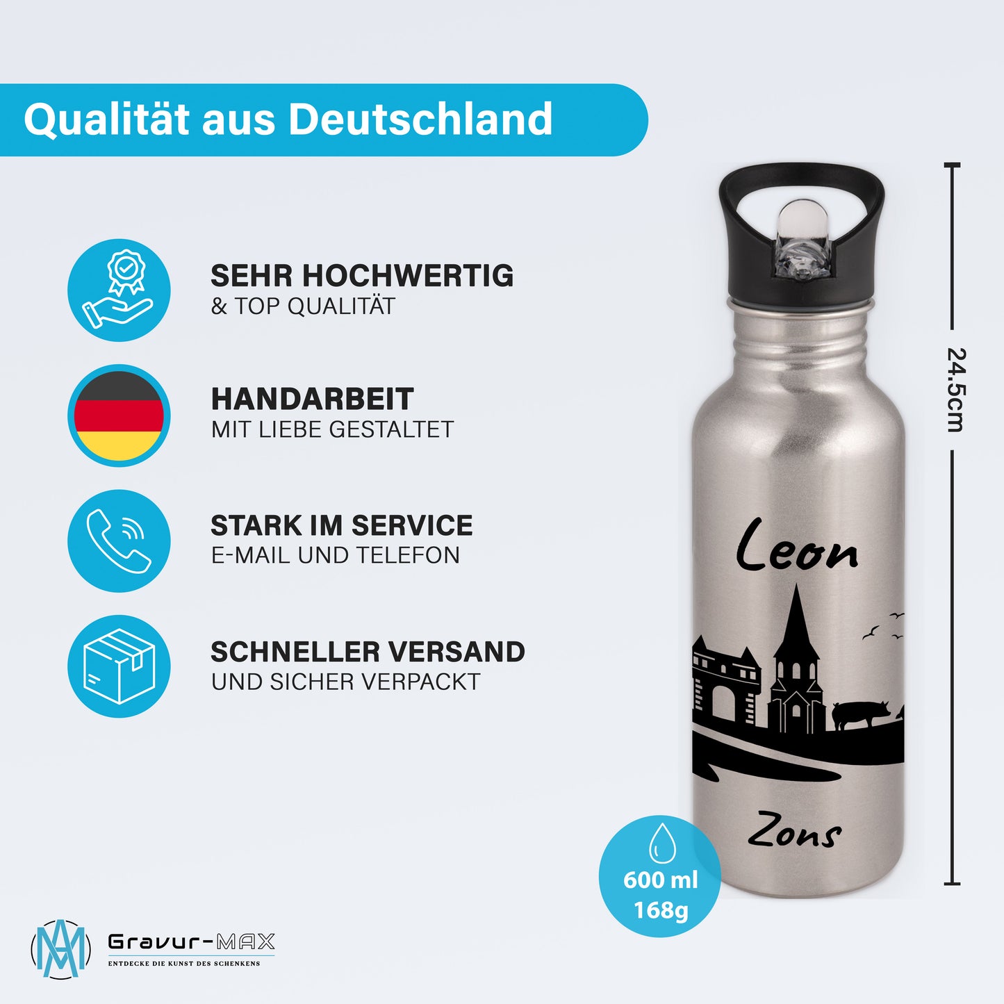 Trinkflasche in Silber 600ml aus Edelstahl bedruckt mit der Skyline von Zons (Dormagen) personalisierbar mit Wunschname