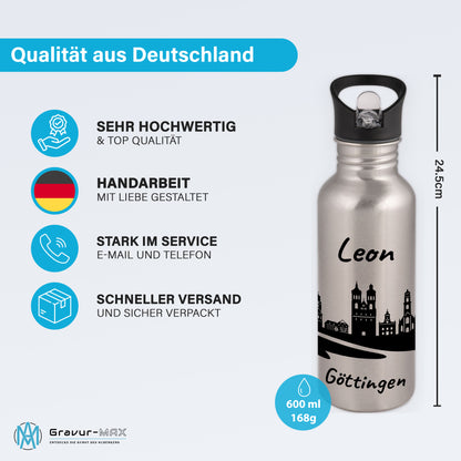 Trinkflasche in Silber 600ml aus Edelstahl bedruckt mit der Skyline von Göttingen personalisierbar mit Wunschname
