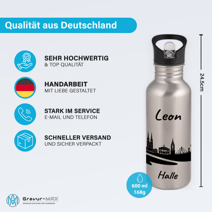 Trinkflasche in Silber 600ml aus Edelstahl bedruckt mit der Skyline von Halle personalisierbar mit Wunschname