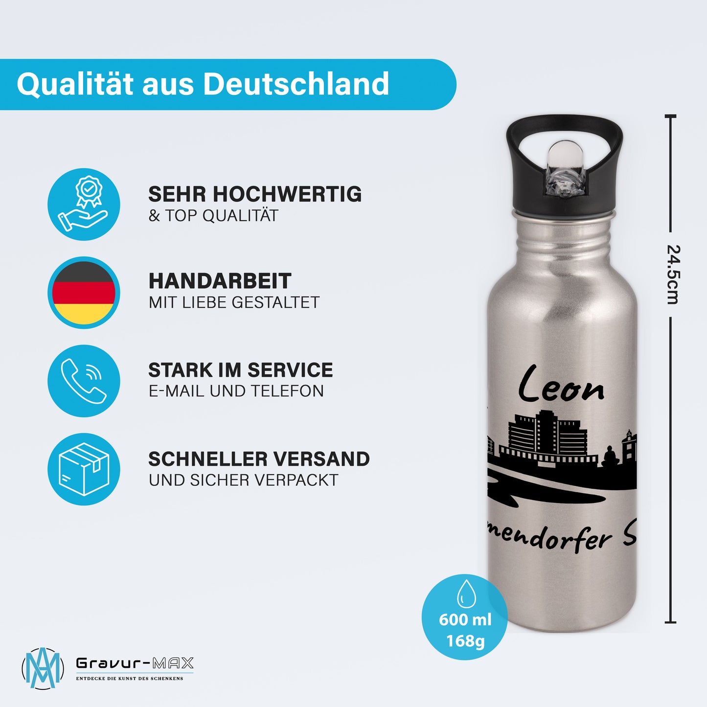 Trinkflasche in Silber 600ml aus Edelstahl bedruckt mit der Skyline von Timmendorfer Strand personalisierbar mit Wunschname