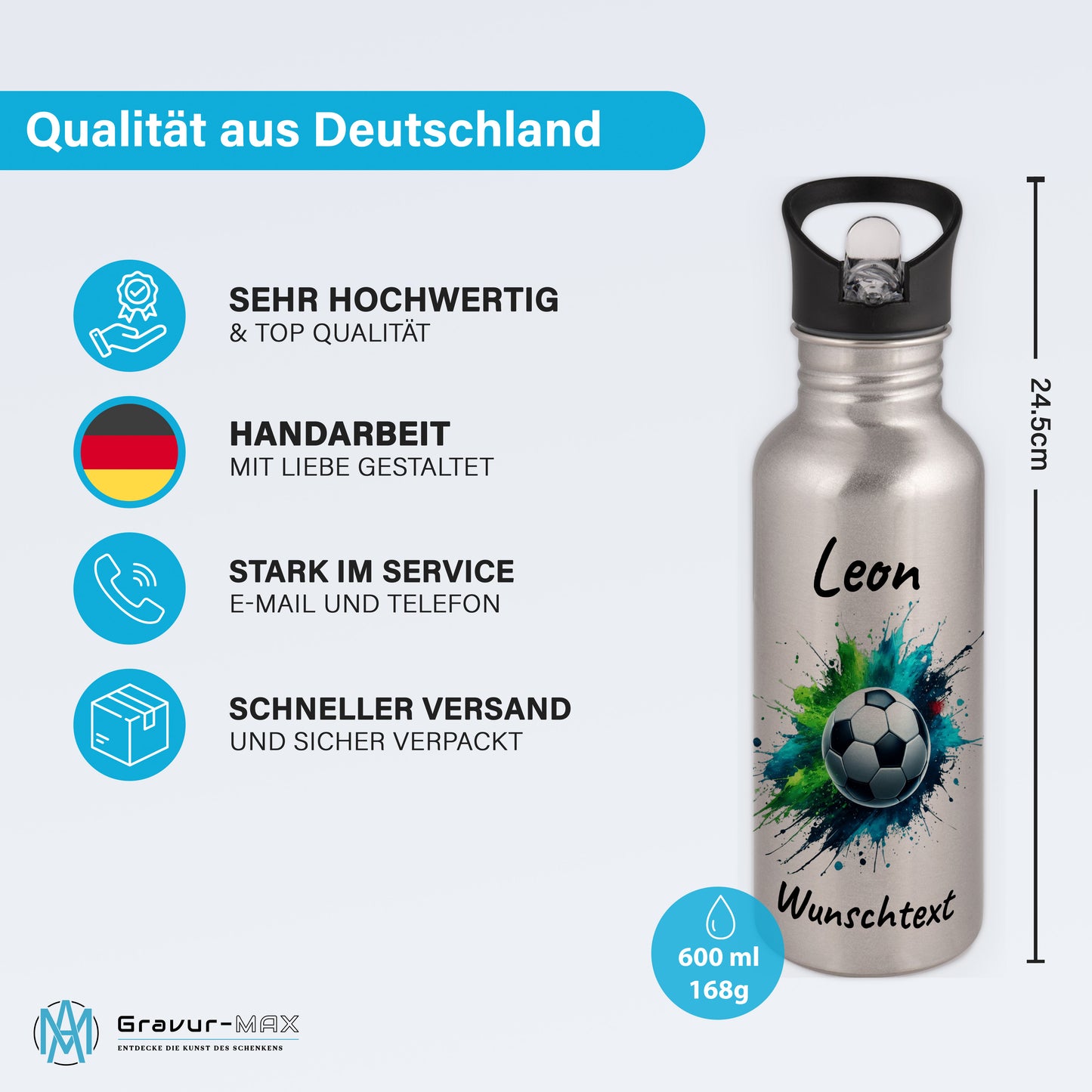 Trinkflasche mit Strohhalm in Silber 600ml bedruckt mit Fußball Motiven"Motiv8" personalisierbar für Kinder mit Wunschname aus Edelstahl