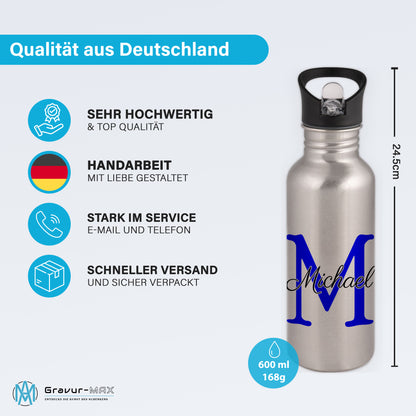 Trinkflasche in Silber 600ml aus Edelstahl bedruckt als "Namensflasche" personalisierbar für Kinder und Erwachsene mit Wunschname