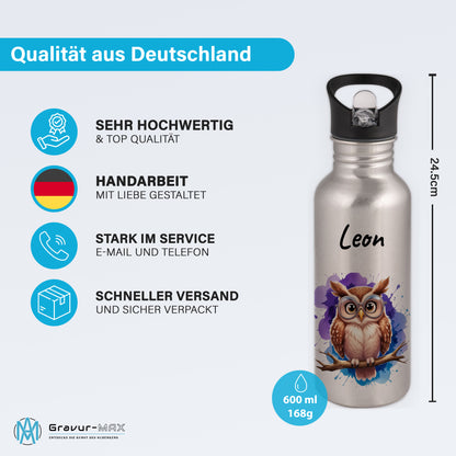 Trinkflasche mit Strohhalm in Silber 600ml bedruckt mit niedlichen Tieren"Eule" personalisierbar für Kinder mit Wunschname aus Edelstahl