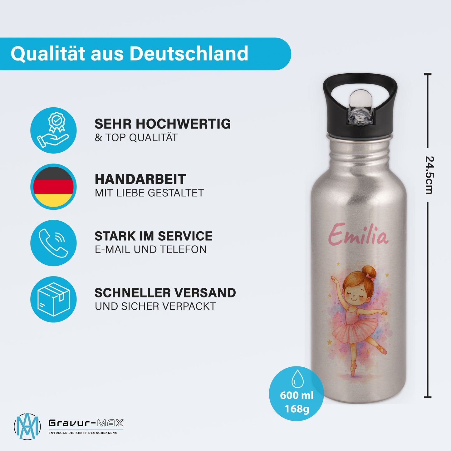 Trinkflasche mit Strohhalm in Silber 600ml bedruckt mit tollen Motiven für Kinder "Ballerina" personalisierbar für Kinder mit Wunschname aus Edelstahl